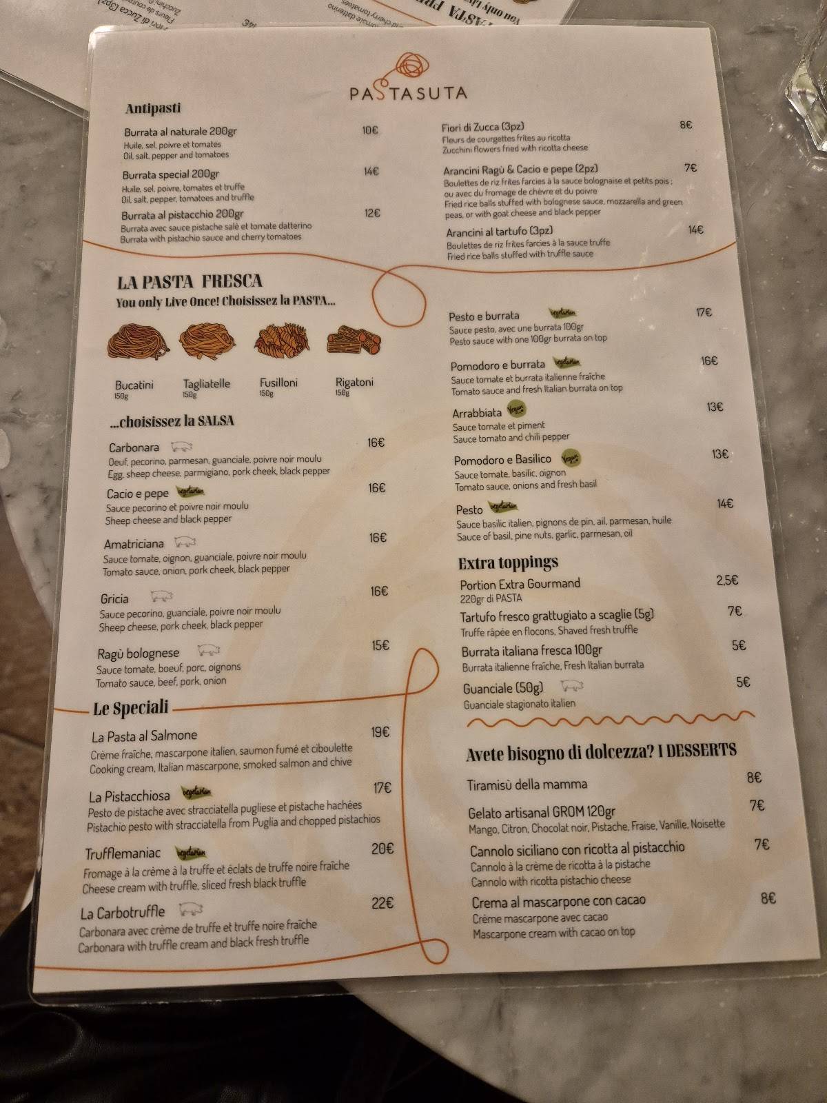 Menu de Pastasuta