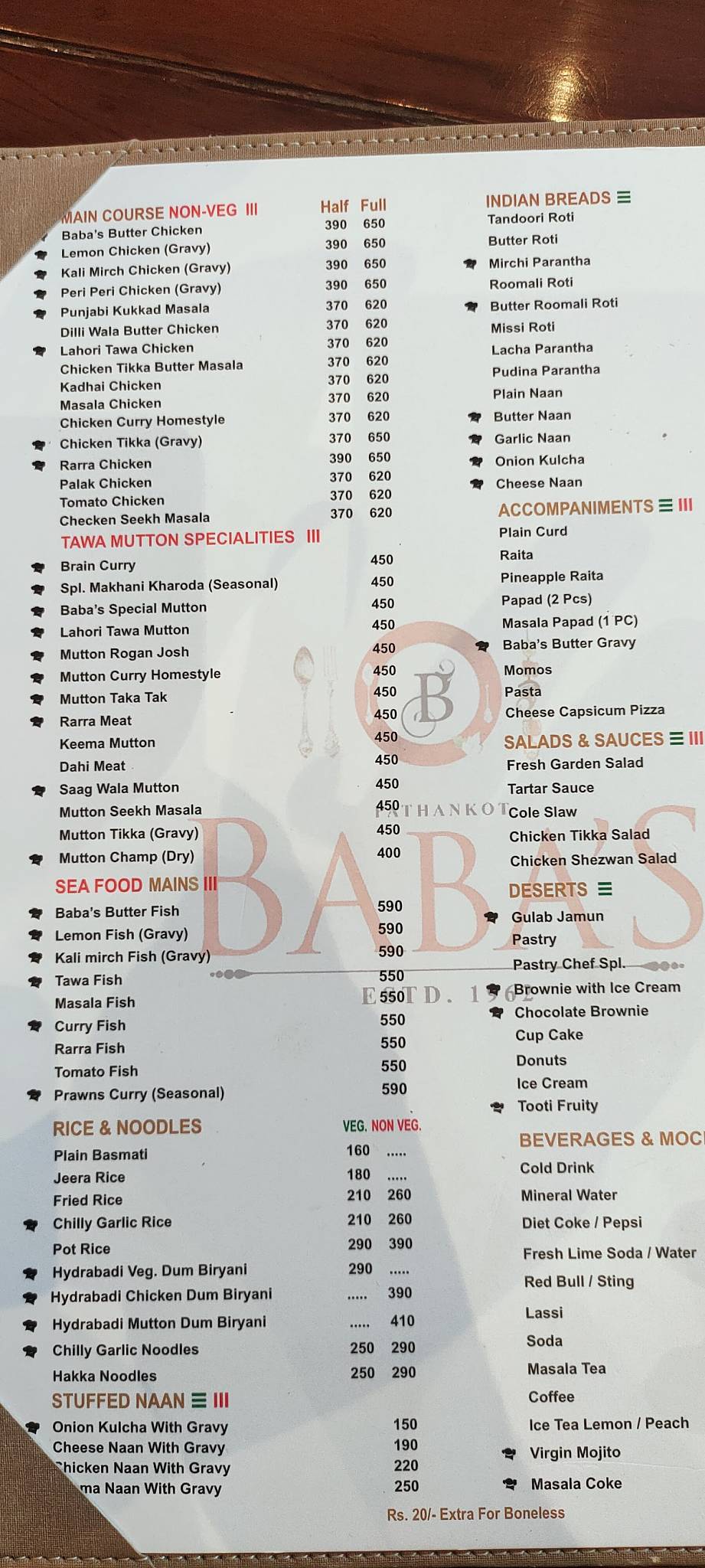Baba's menu