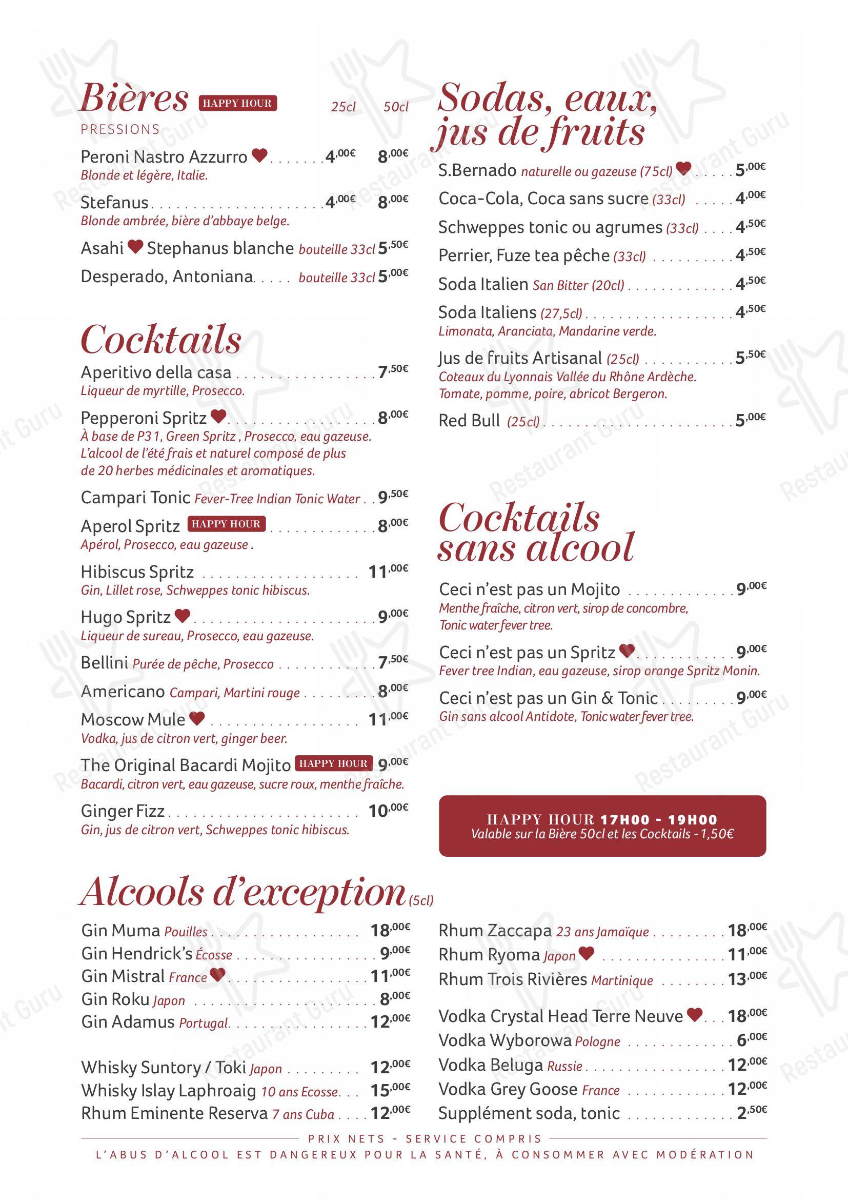 Menu au Pepperoni restaurant, CollongesauMontd'Or