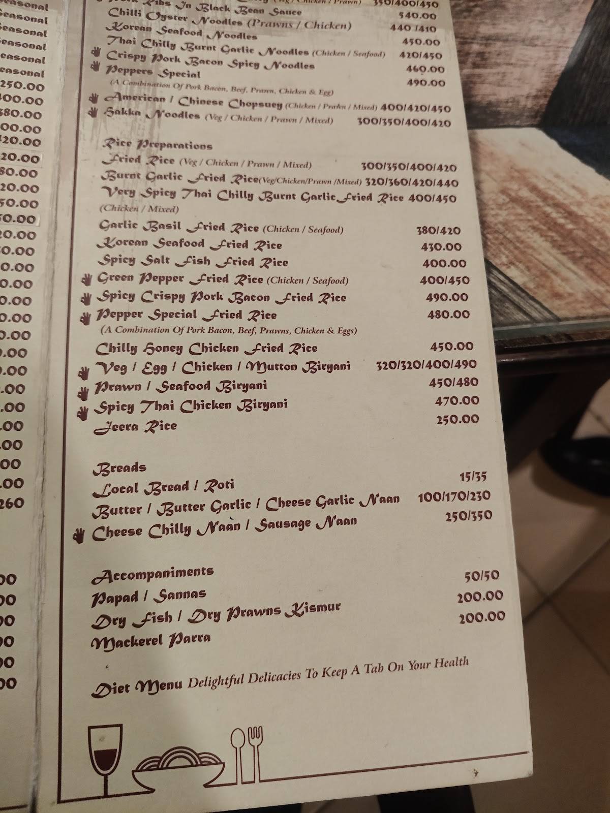 Pepper's Gourmet Cuisine menu