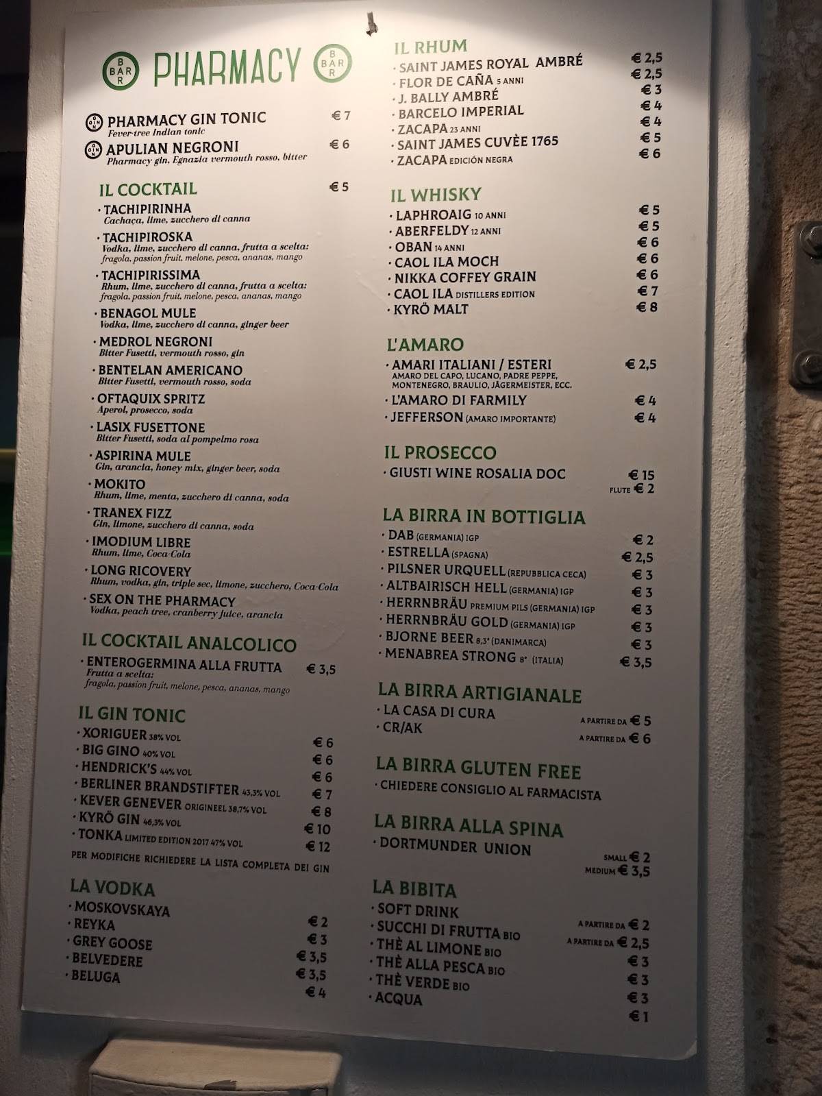 Menu di Pharmacy Bar 