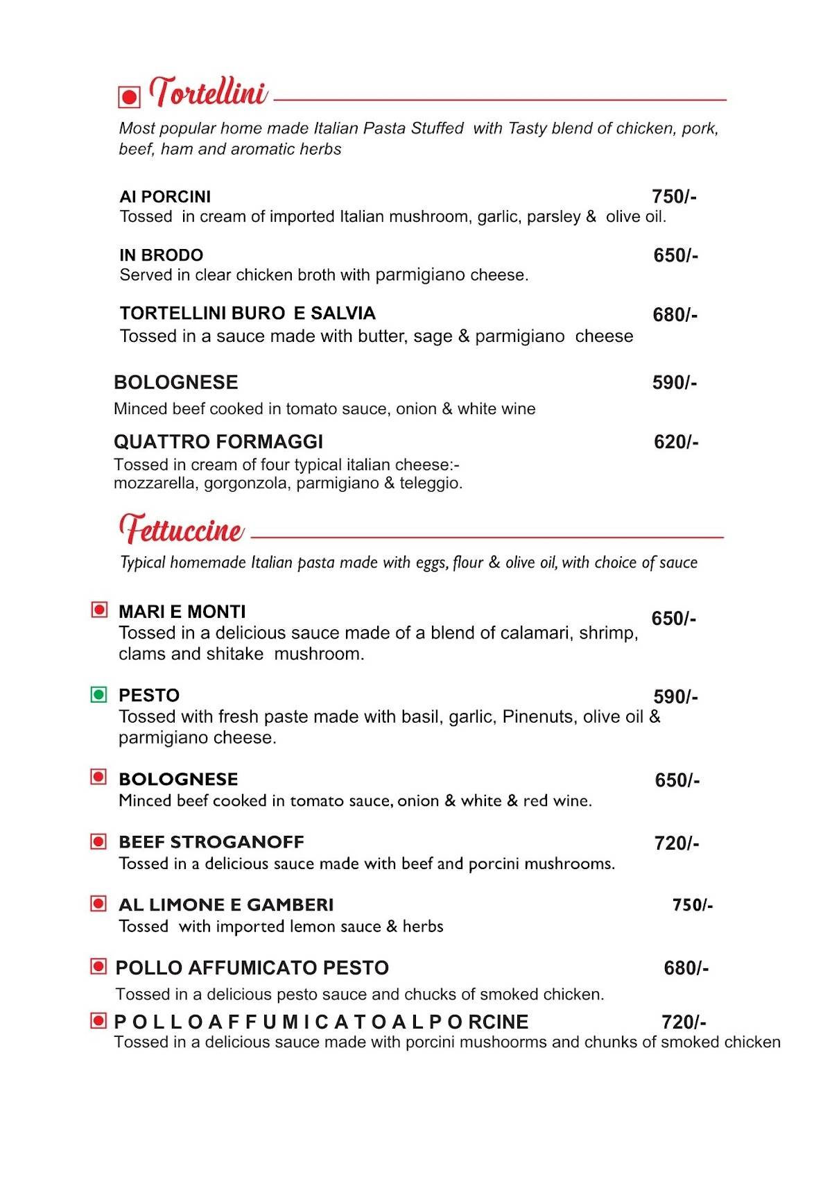 Piccola Roma Pizza menu