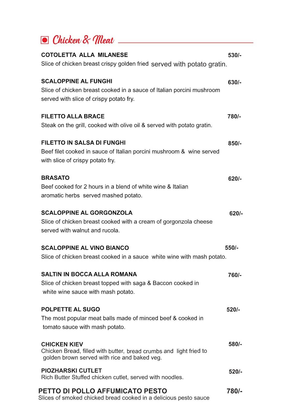 Piccola Roma Pizza menu