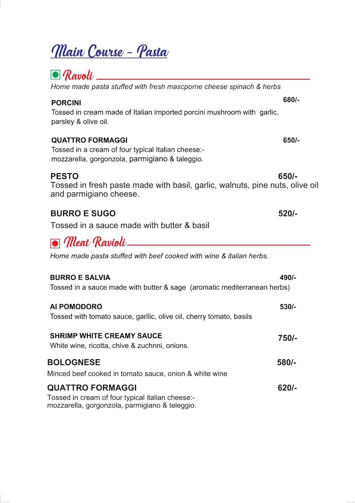 Piccola Roma Pizza menu