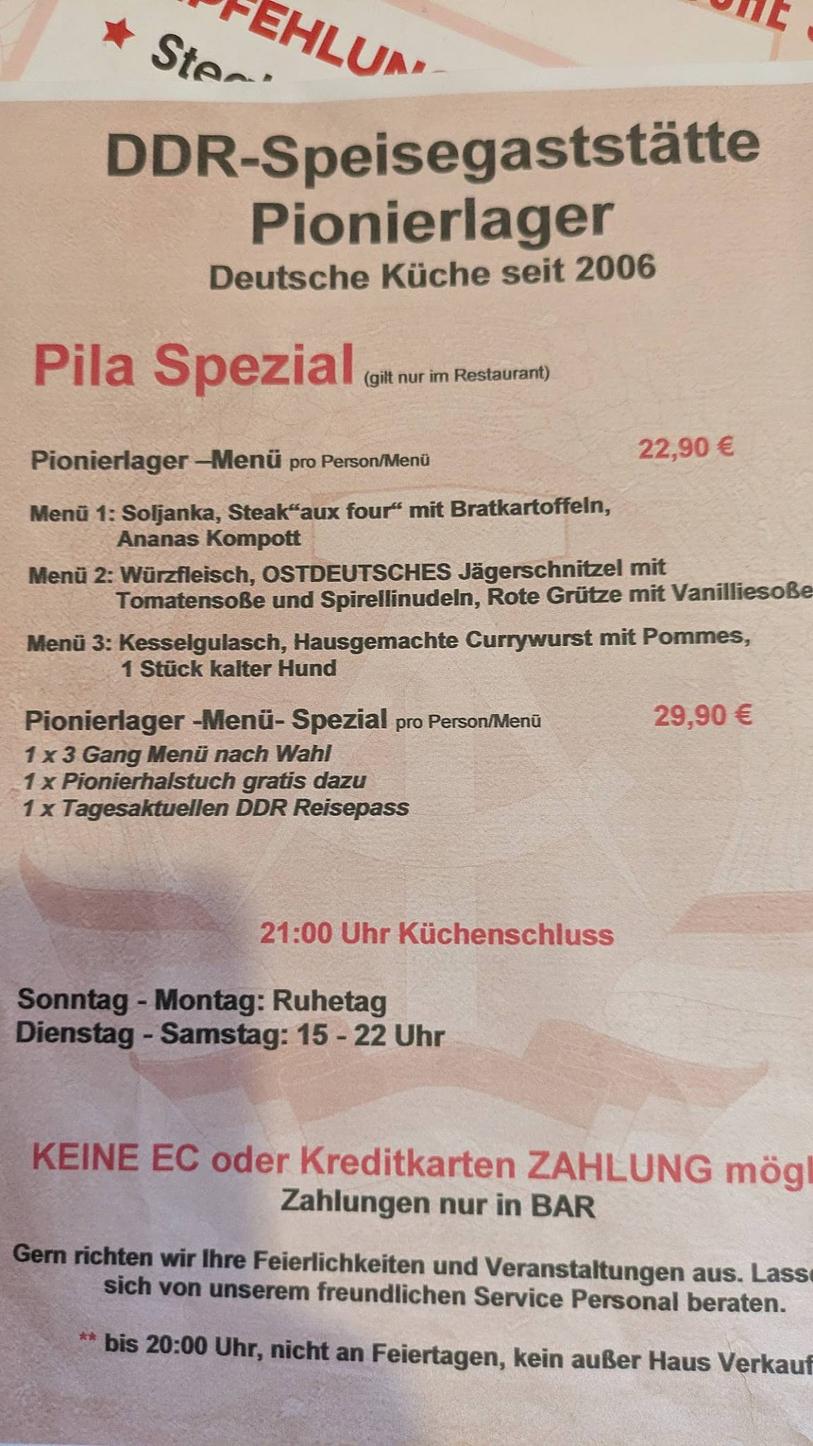 DDR Speisegaststätte Pionierlager Speisekarte