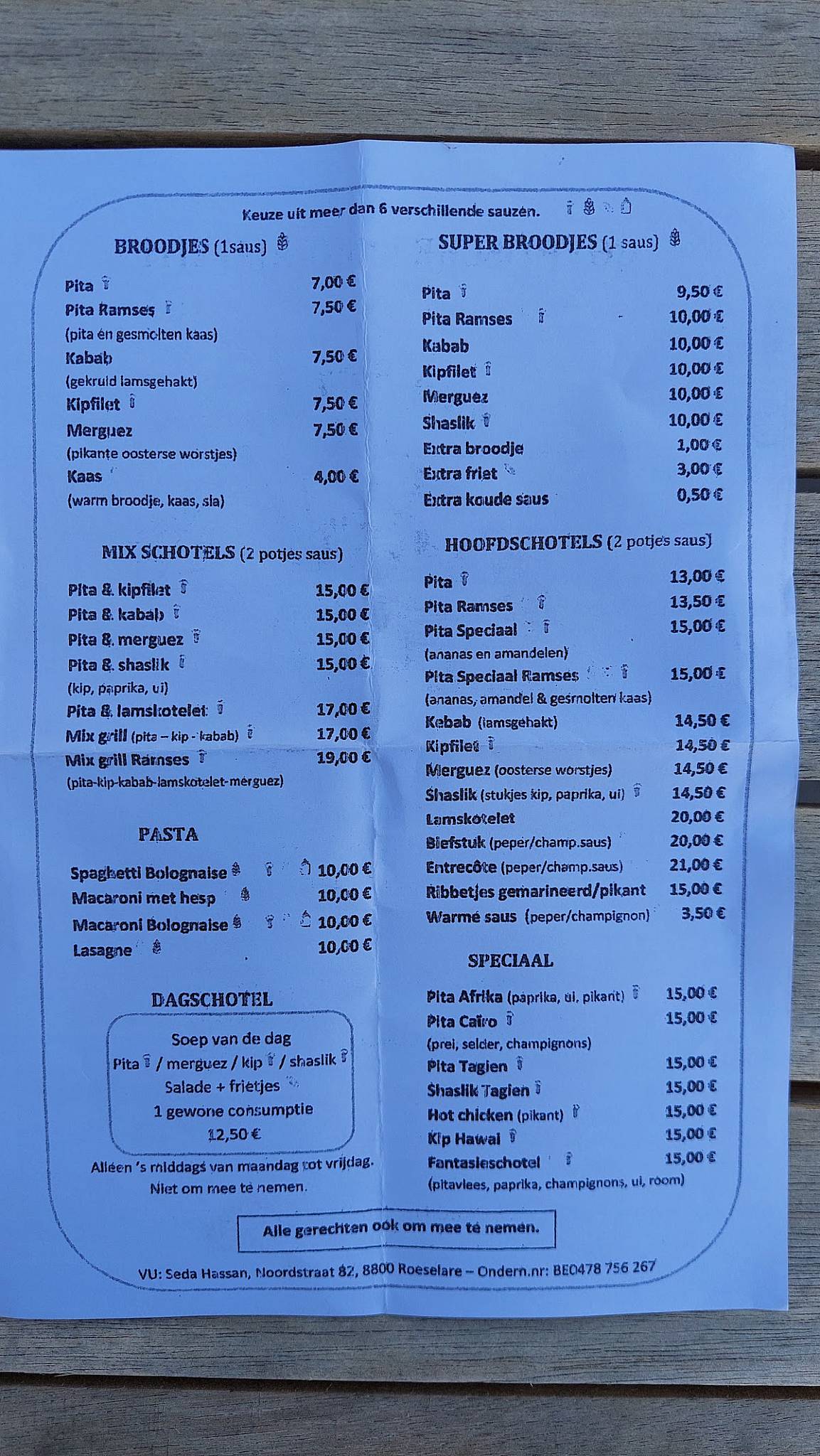 Menu de Pitta Ramses - Roeselare