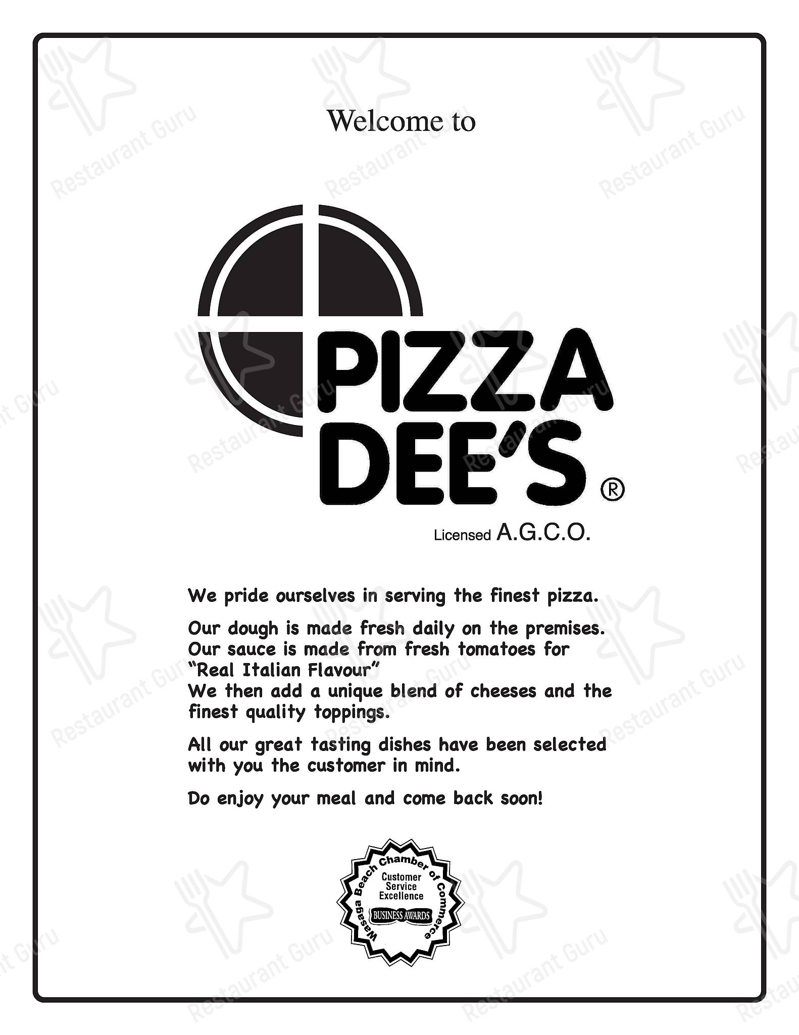 Menu at Pizza Dee's pizzeria, Wasaga Beach