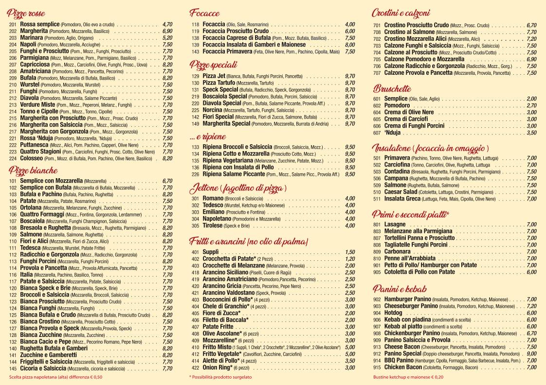 Menu di Pizza jet 