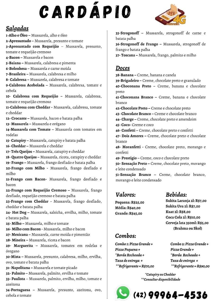 Pizzaria 4G - Delivery Irati PR cardápio