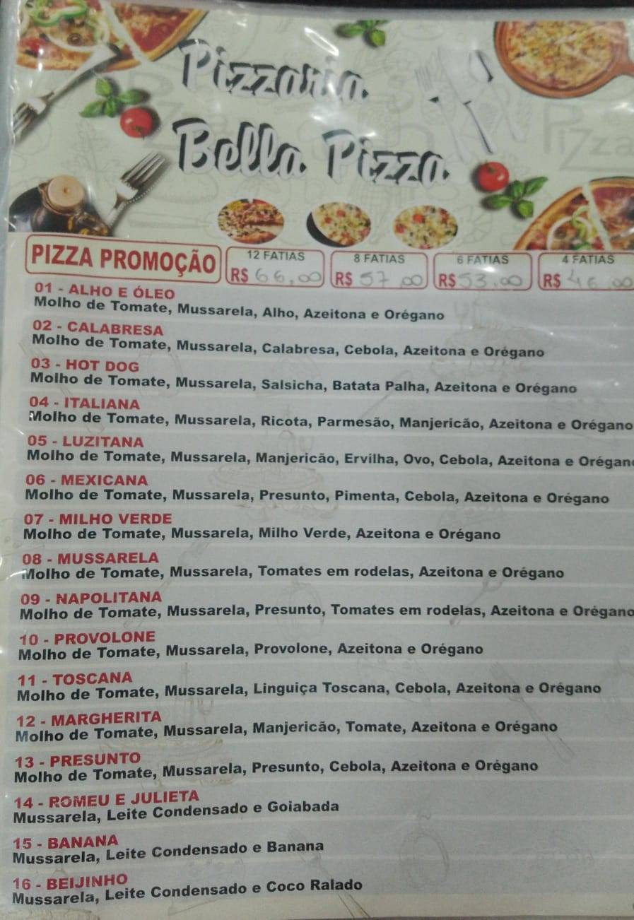 Pizzaria Bella Pizza cardápio