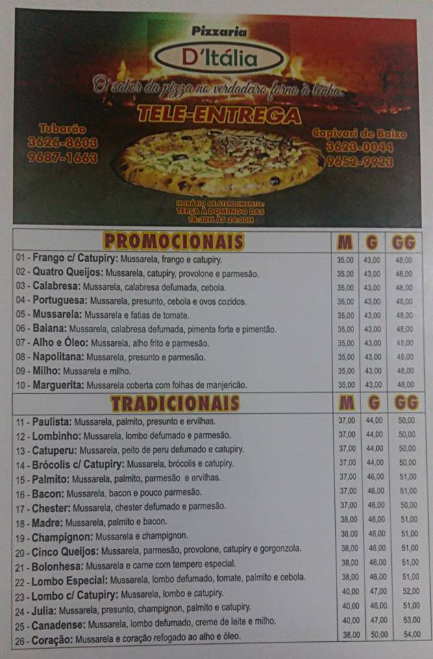 Pizzaria D'itália Laguna "Forno à Lenha'" cardápio