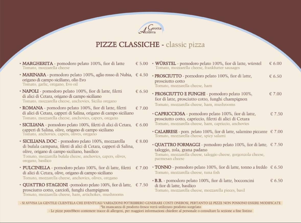 Menu di Pizzeria Grotta Azzurra 