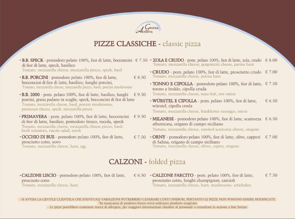 Menu di Pizzeria Grotta Azzurra 