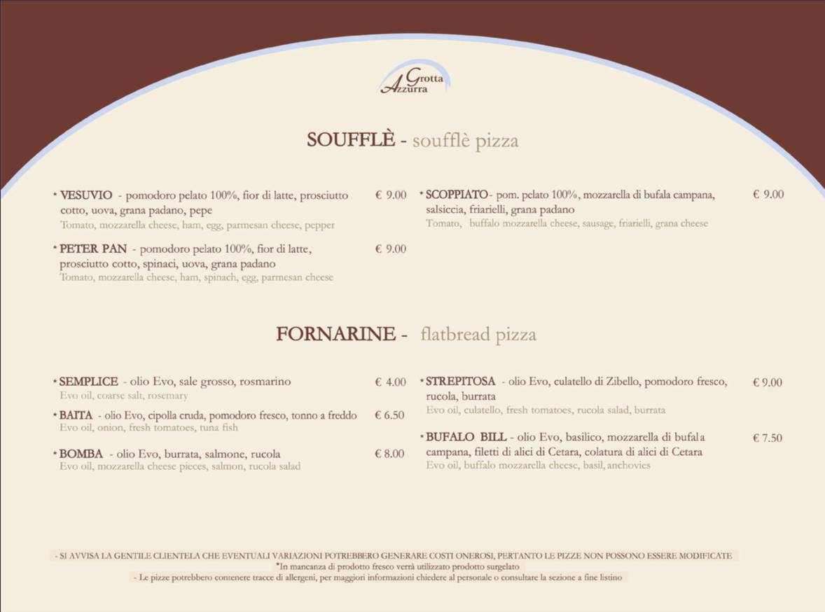 Menu di Pizzeria Grotta Azzurra 