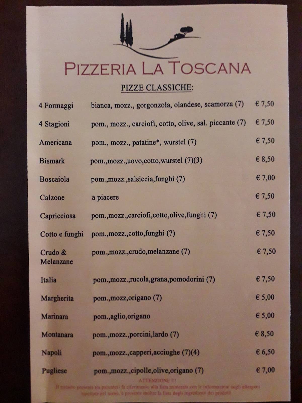Menu da Pizzeria La Toscana Livorno