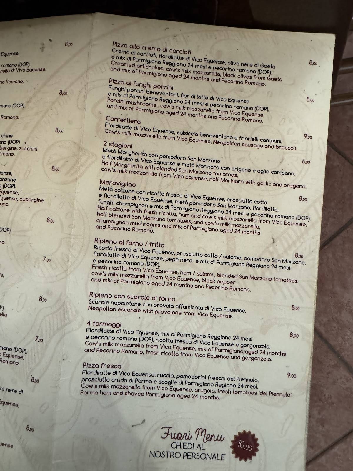 Menu de Pizzeria Da Attilio