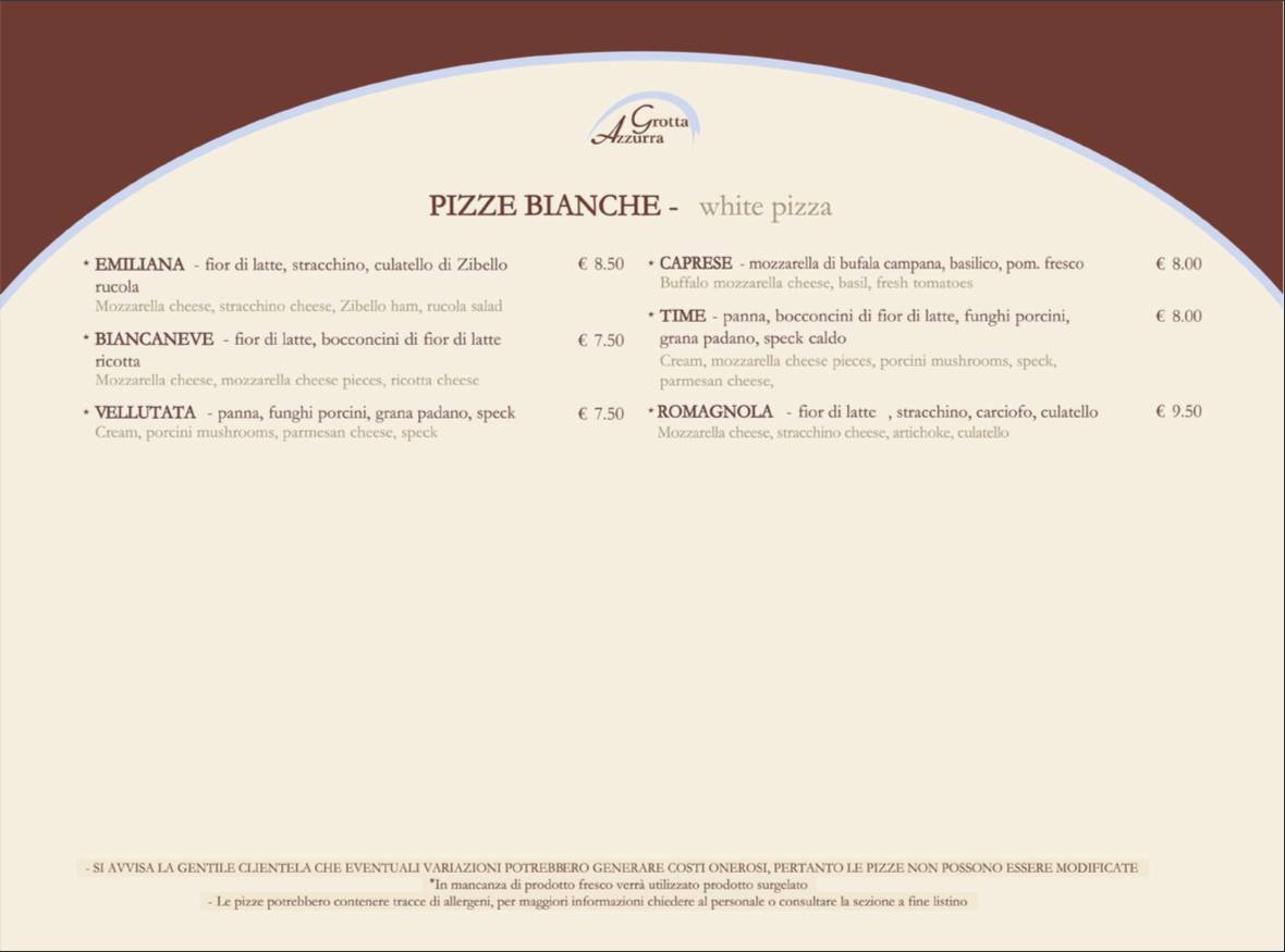 Menu di Pizzeria Grotta Azzurra 