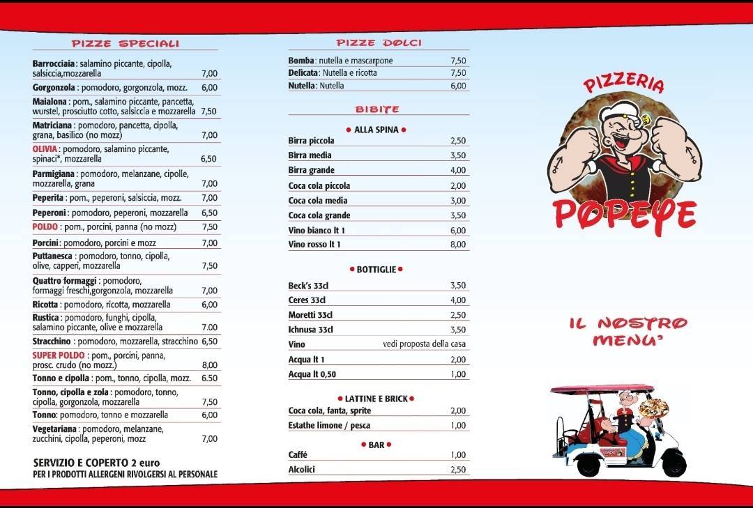 Menu di Pizzeria Popeye 