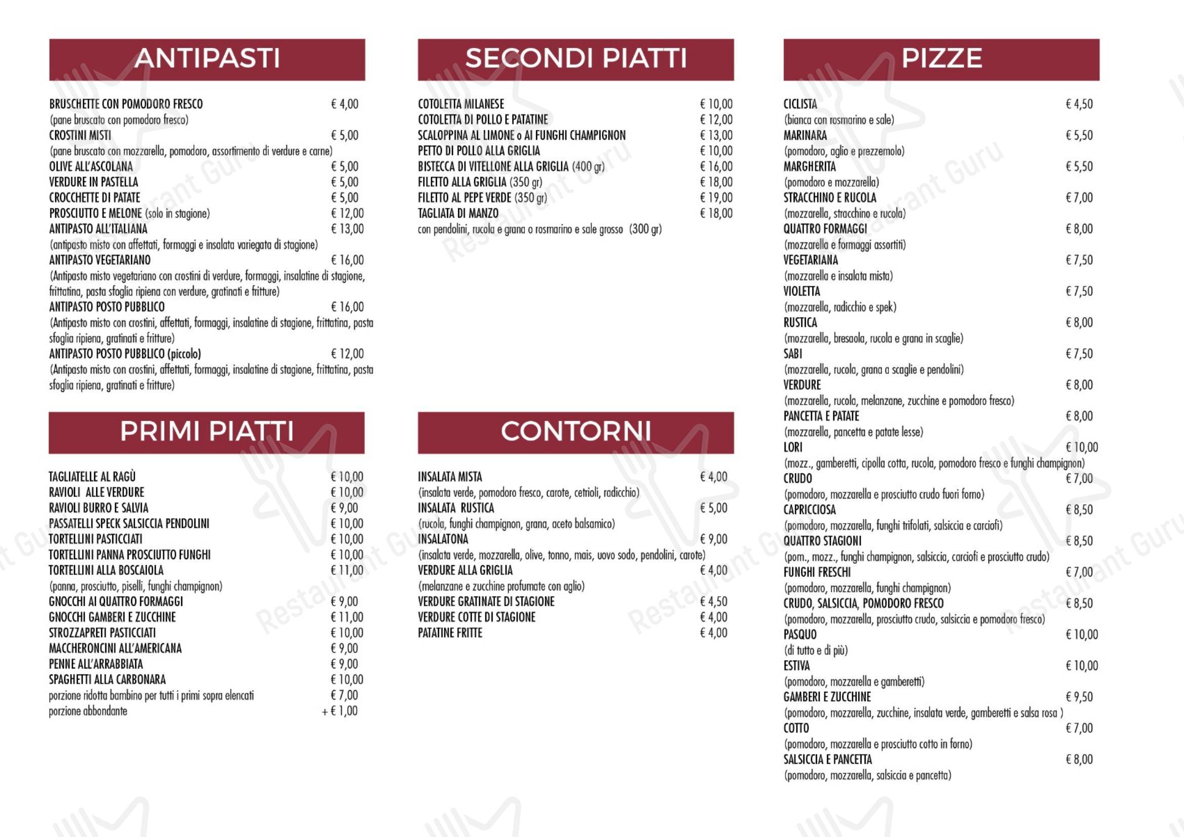 Pizzeria Posto Pubblico in Borgaccio - Menu