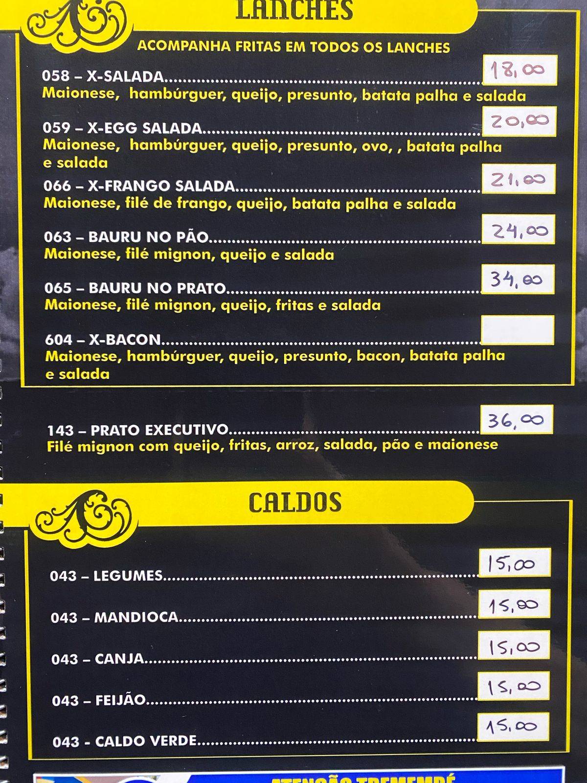 Restaurante Recanto do Sol (BAR DO REGIS) Tremembé cardápio