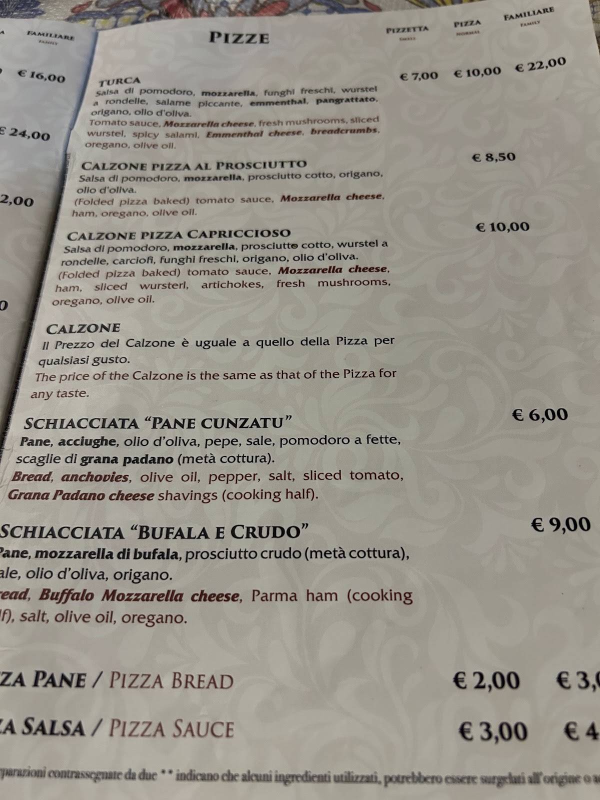 Menu di Pizzeria Steripinto 