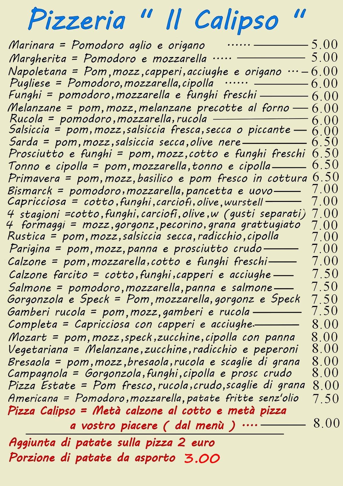 Menu di Pizzeria '' il Calipso '' di Giovanni & Iole 