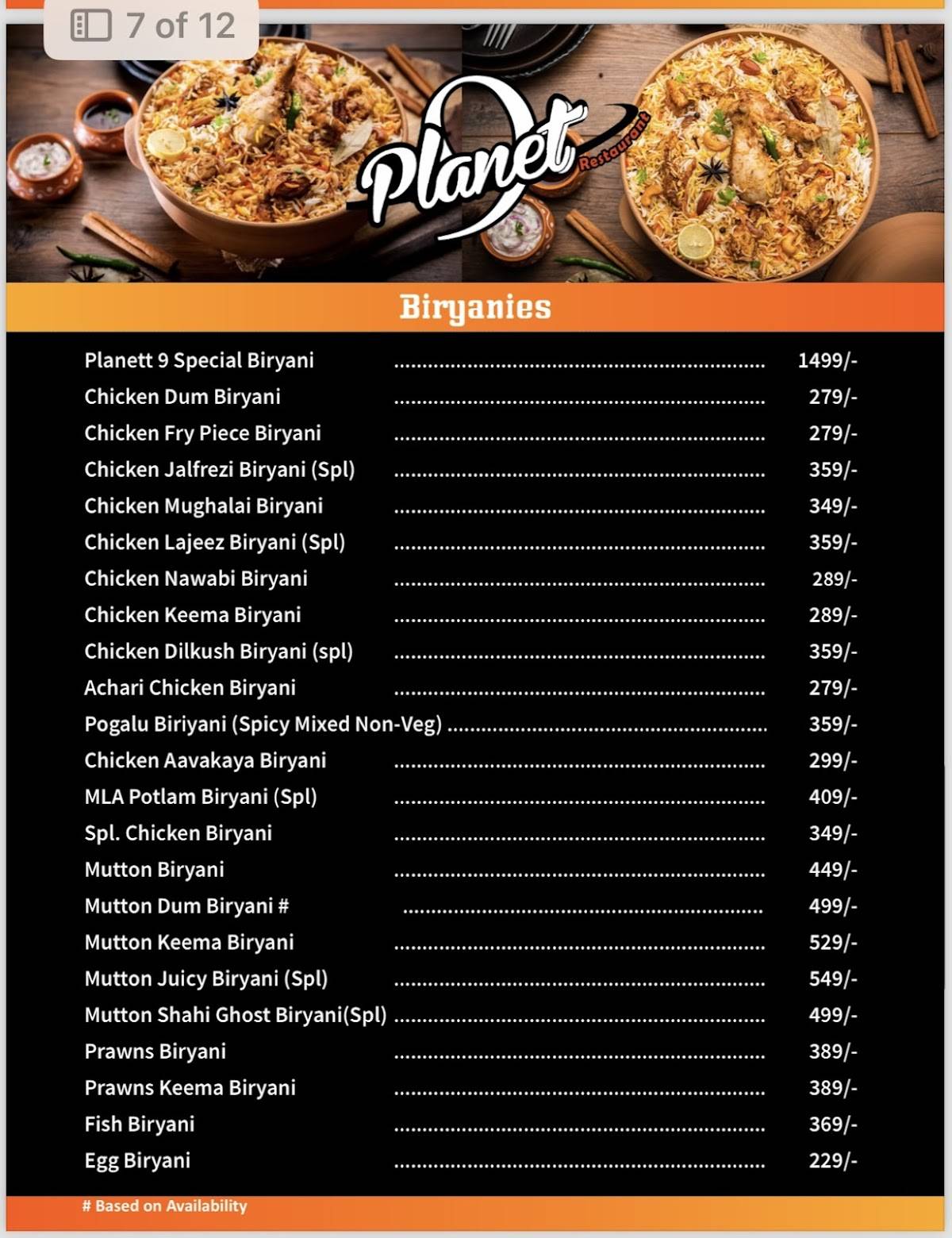 Planet 9 restaurant menu