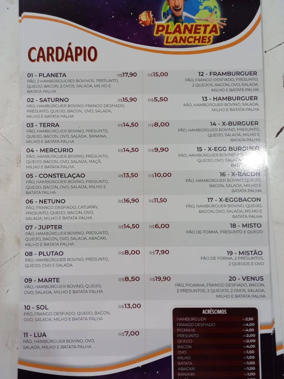 Planeta Lanches cardápio