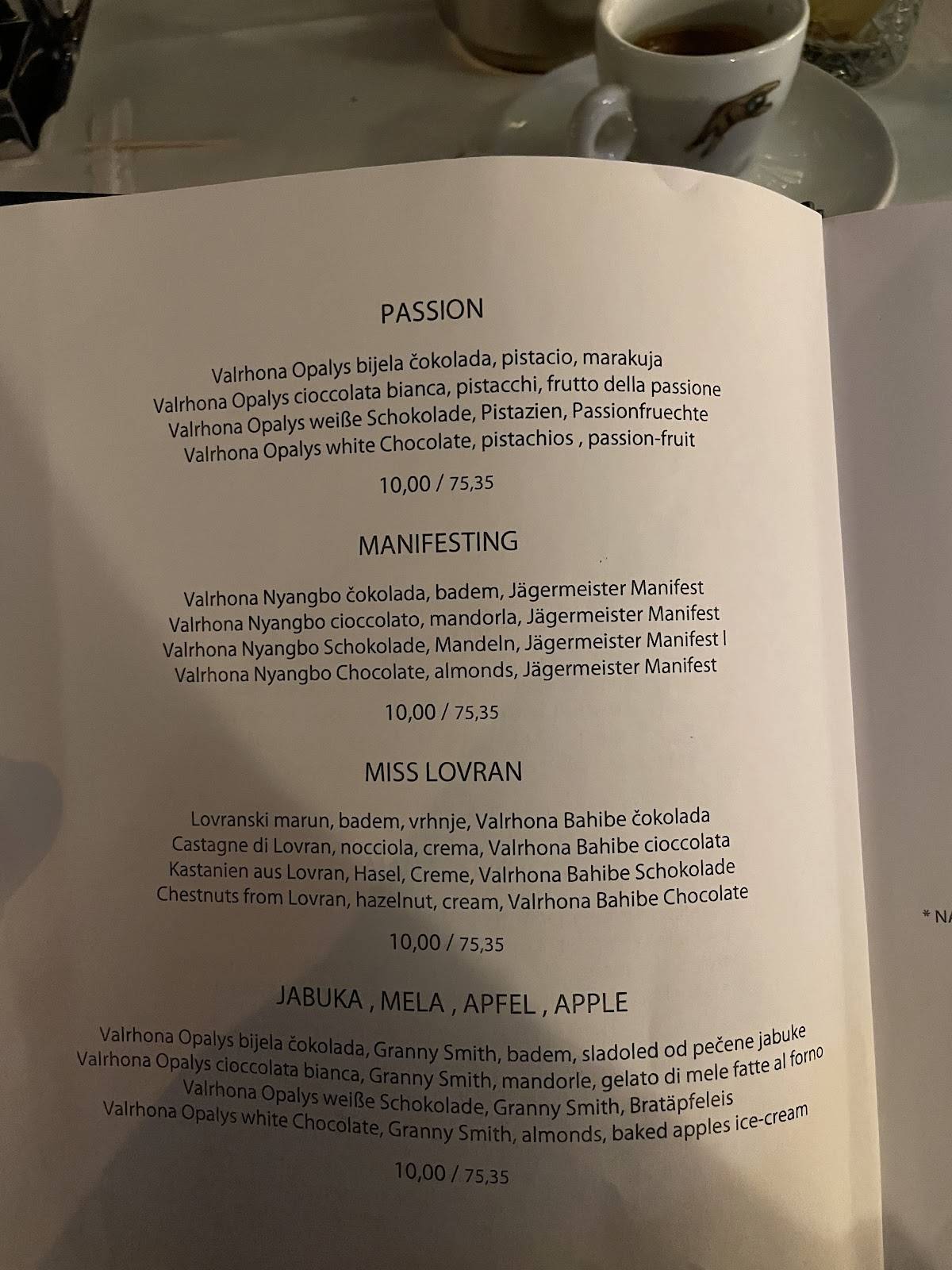Menu di Plavi podrum 