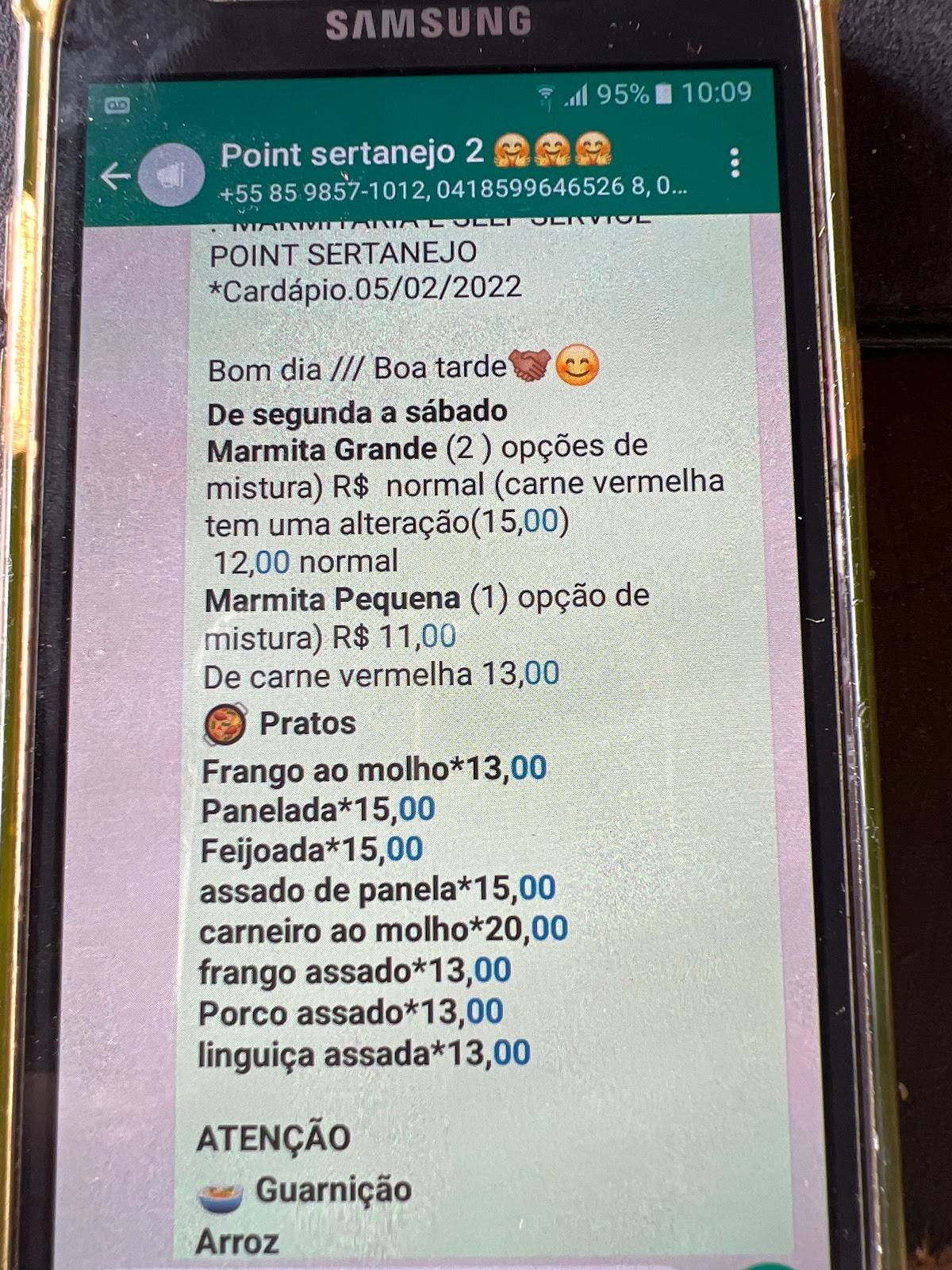 Point Sertanejo cardápio