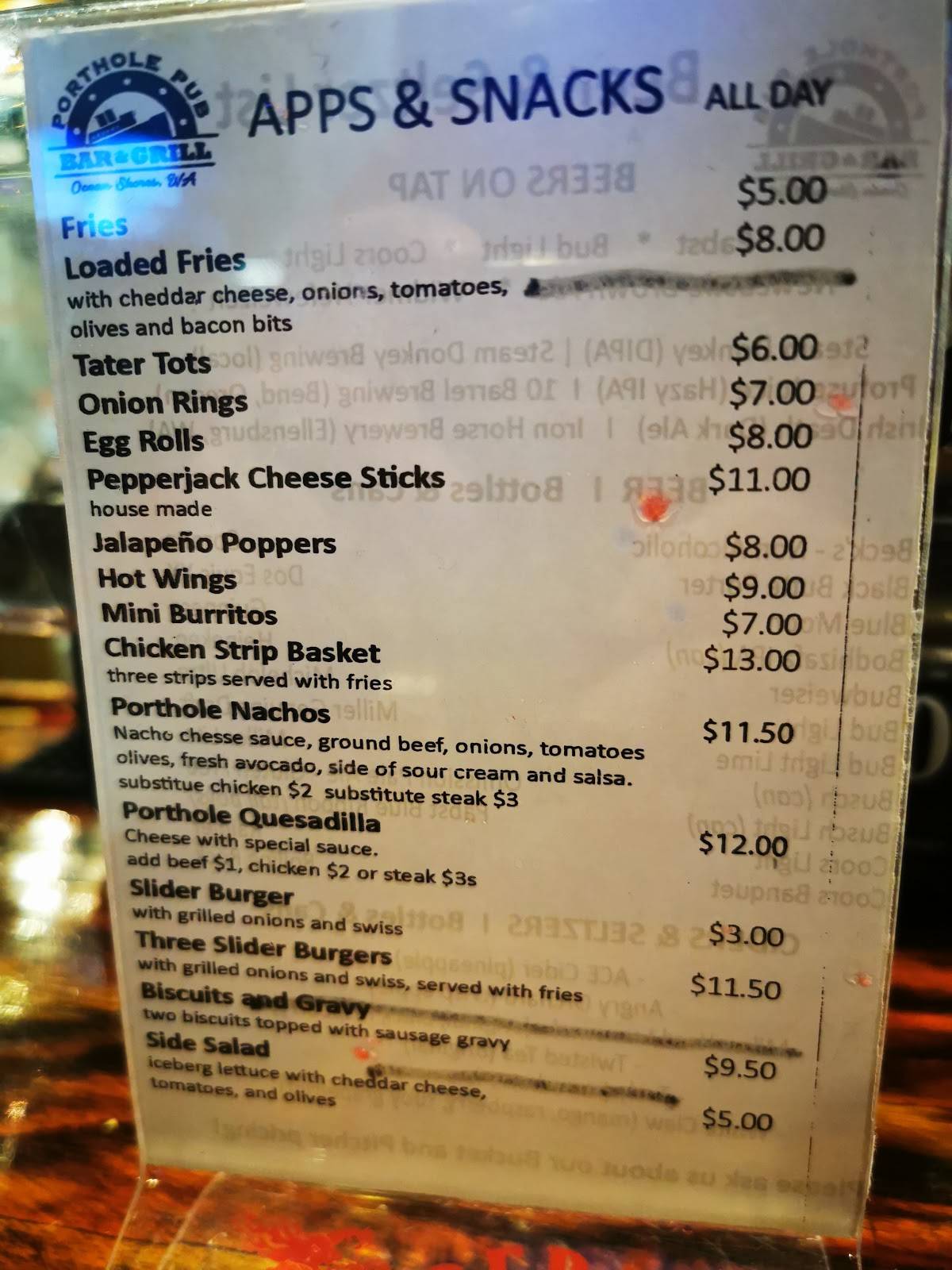 Menu at Porthole Pub Bar & Grill, Ocean Shores