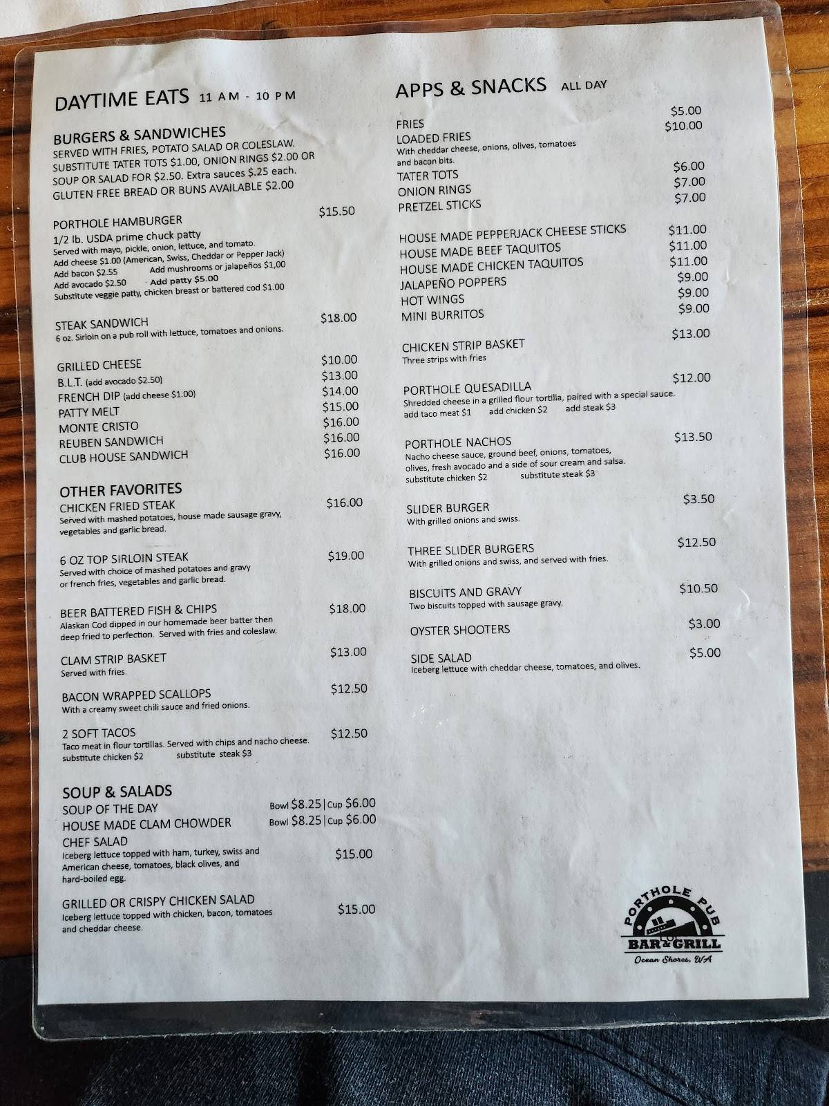 Menu at Porthole Pub Bar & Grill, Ocean Shores