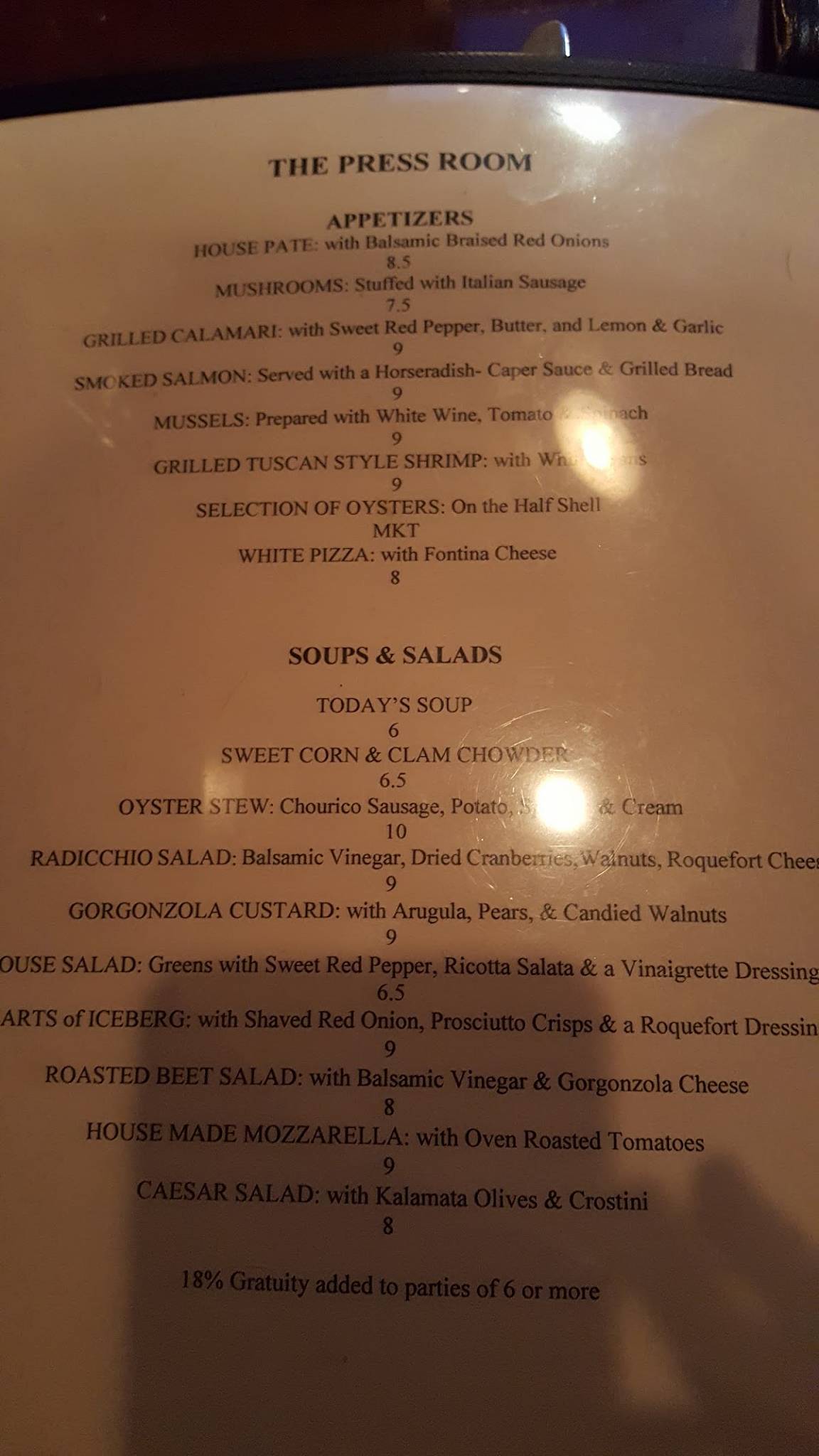 Menu at Press Room restaurant, Shepherdstown