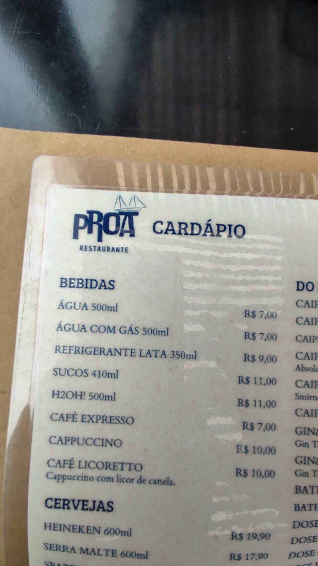 Proa Restaurante cardápio