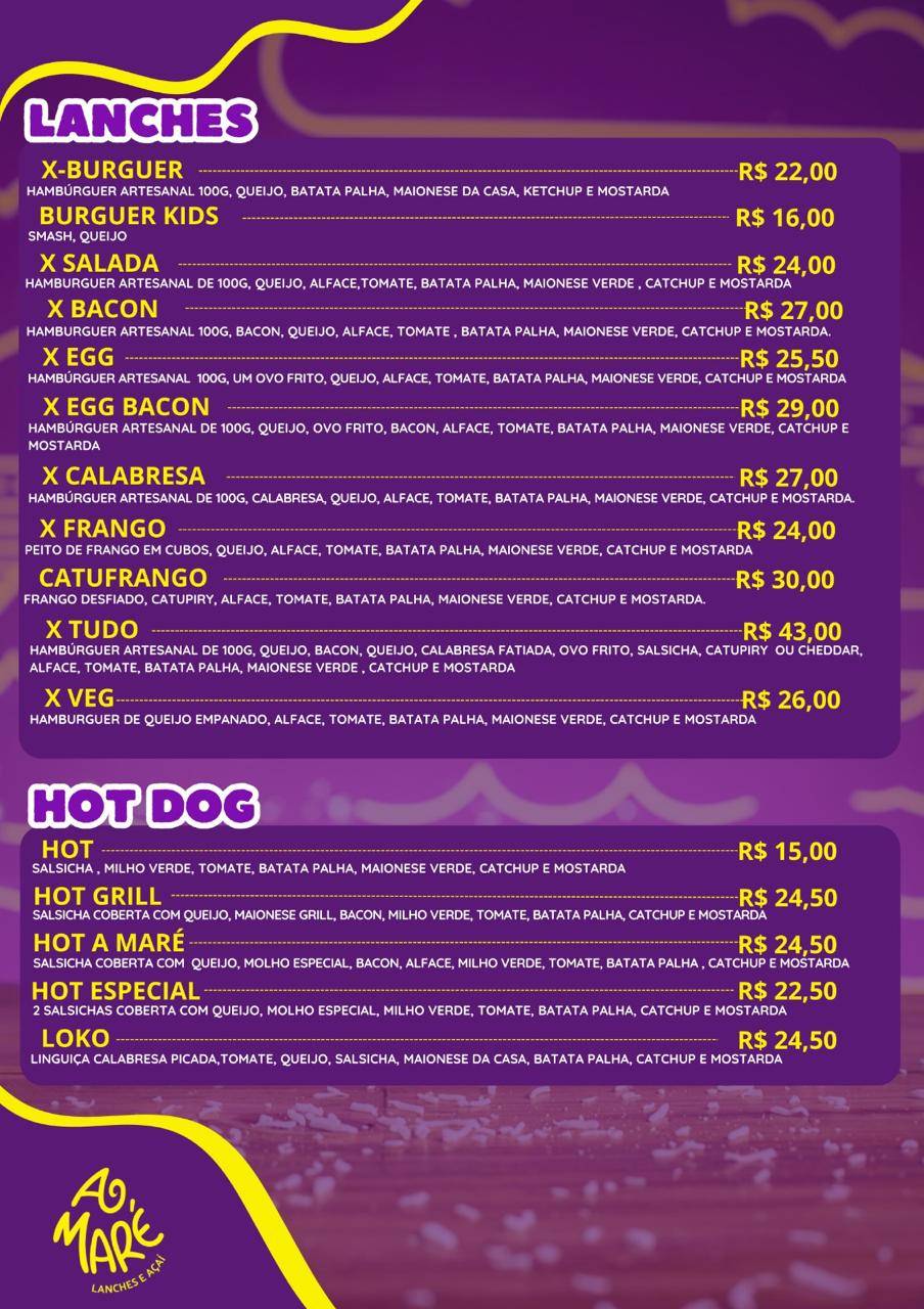 A Maré Lanches e Açaí cardápio