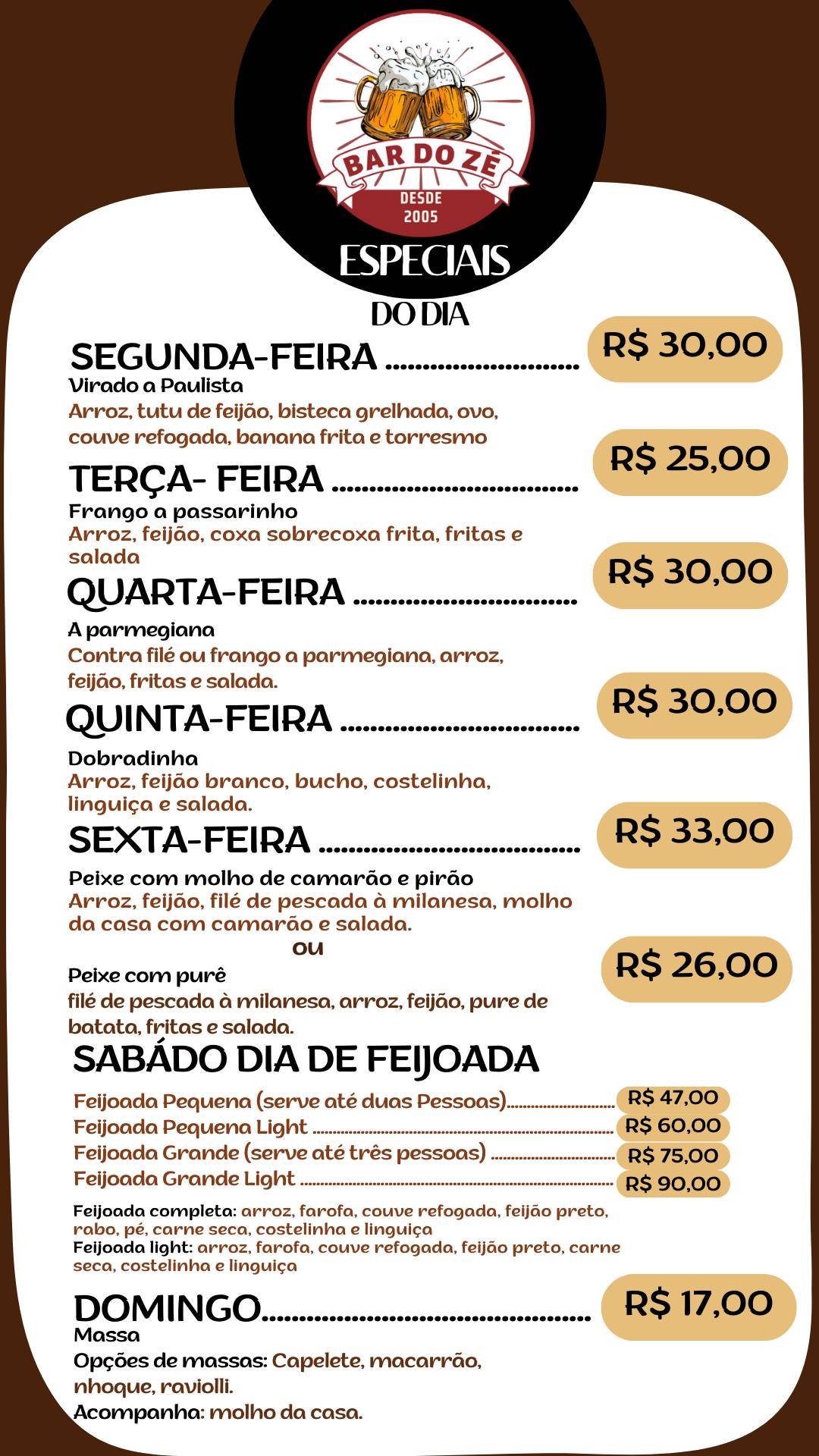 Bar Do Zé cardápio