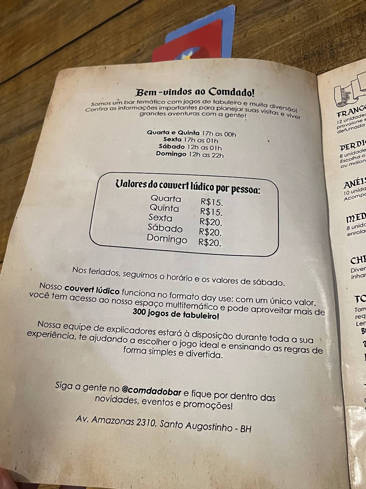 Comdado Bar e Jogos cardápio