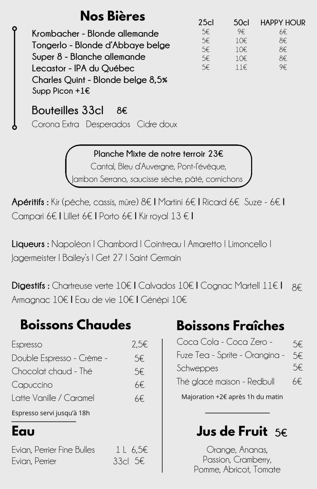 Menu de La Rêverie Bastille