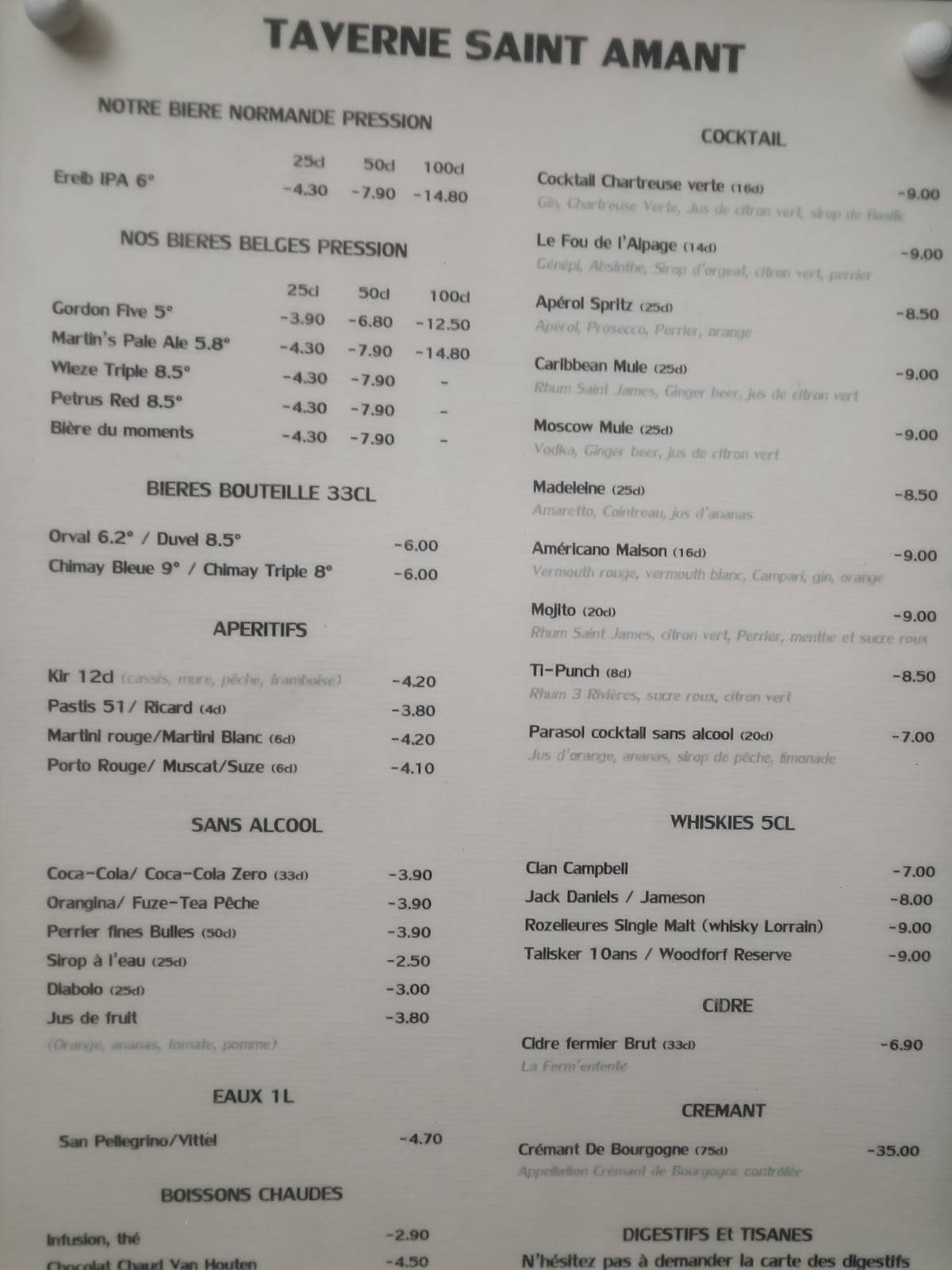 Menu de TAVERNE SAINT AMANT