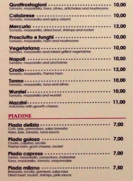 Menu di Bar Mercurio - Ristorante Pizzeria 