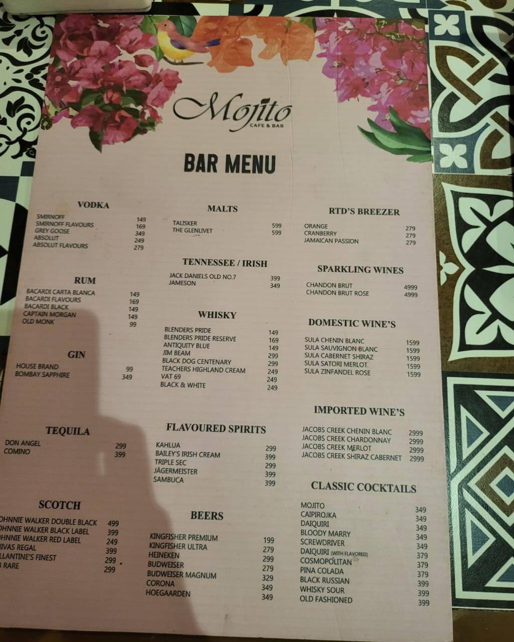 Mojito Cafe and Bar menu