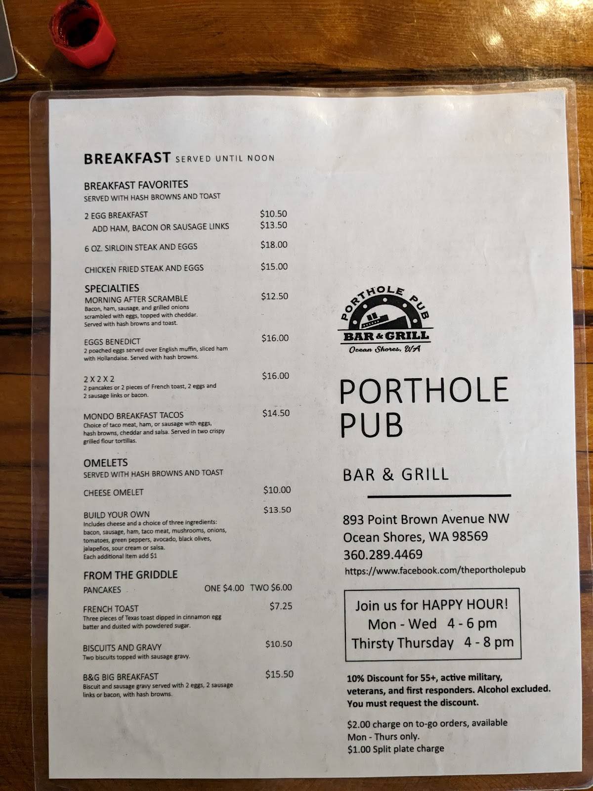 Menu at Porthole Pub Bar & Grill, Ocean Shores