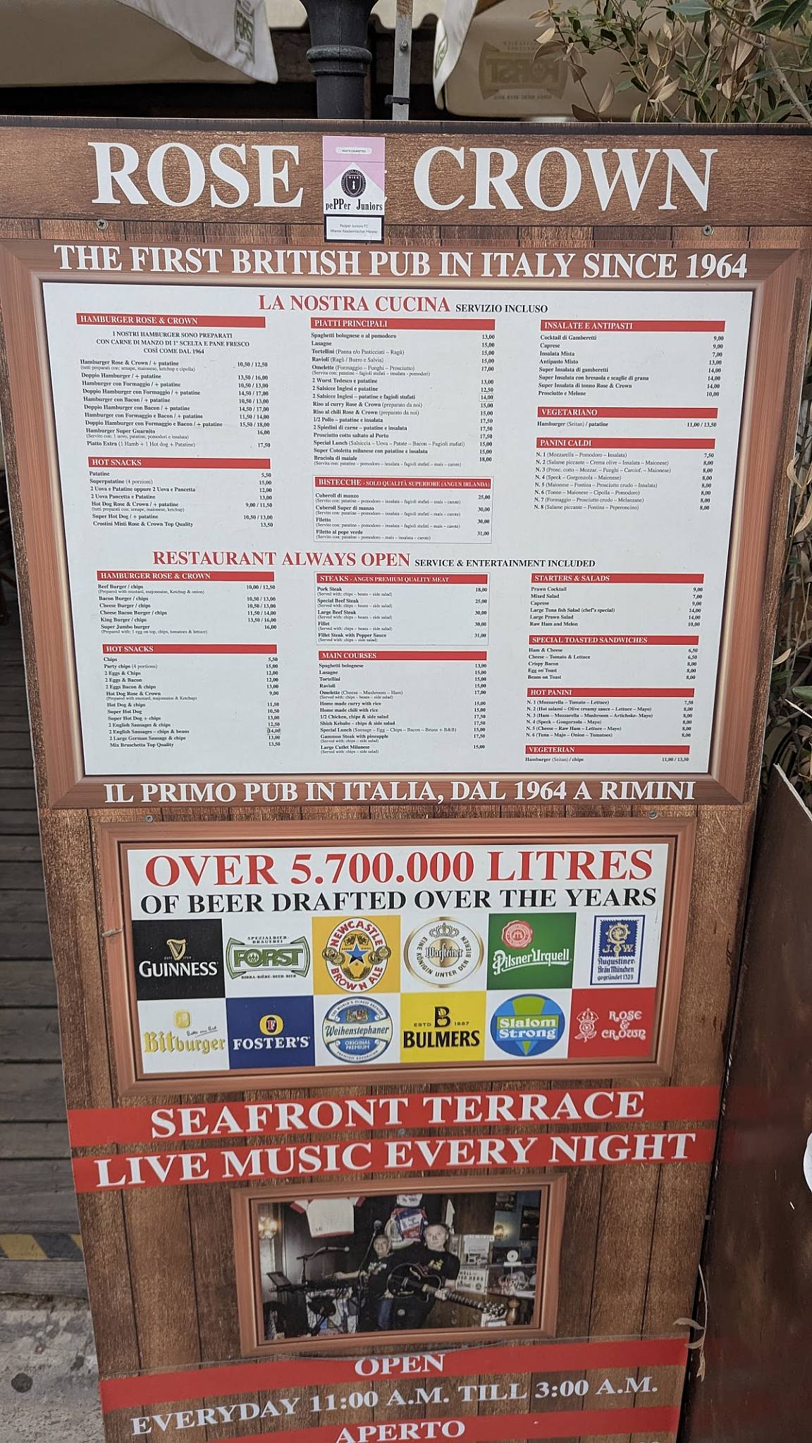 Menu di Rose&Crown pub 