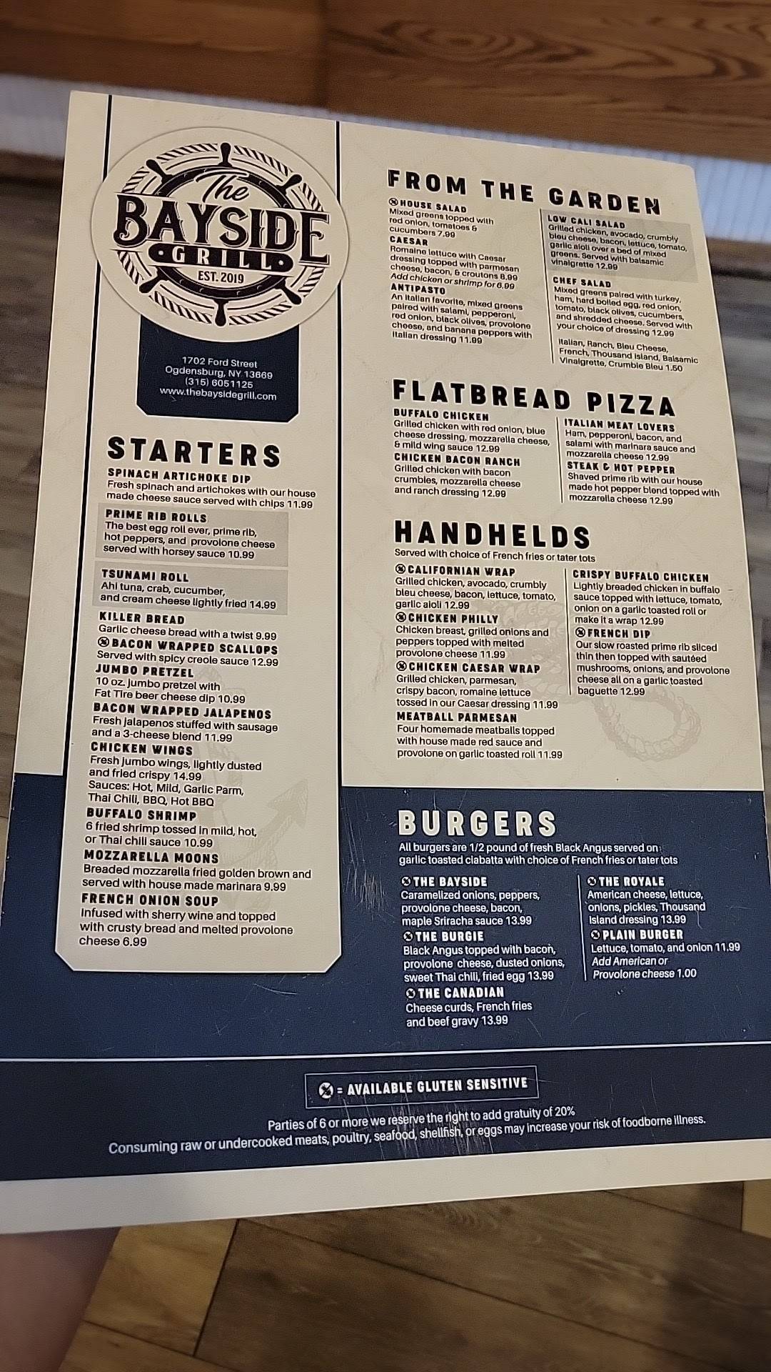 Menu at The Bayside Grill pub & bar, Ogdensburg