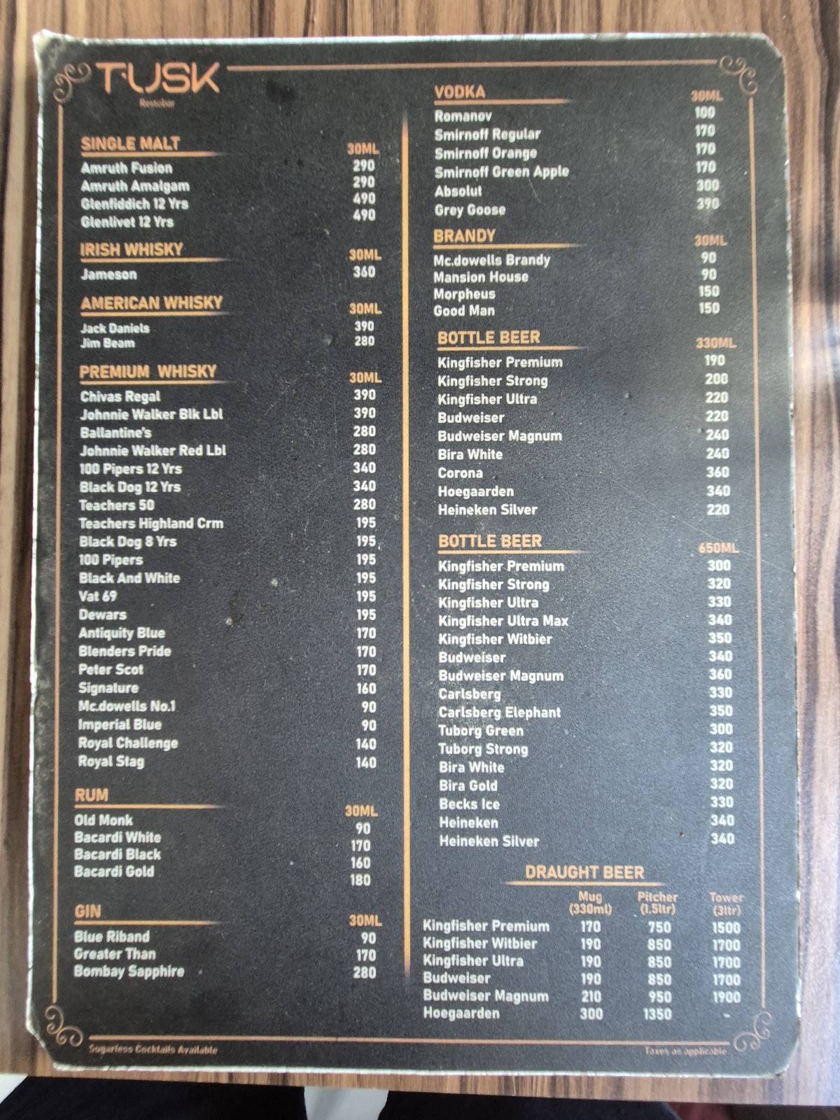 Tusk Restobar menu