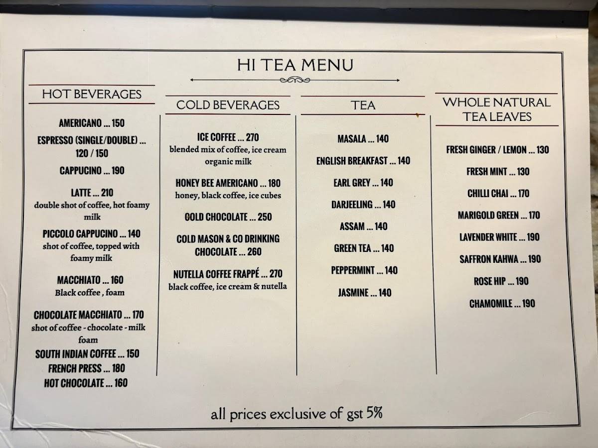 Coromandel Cafe menu