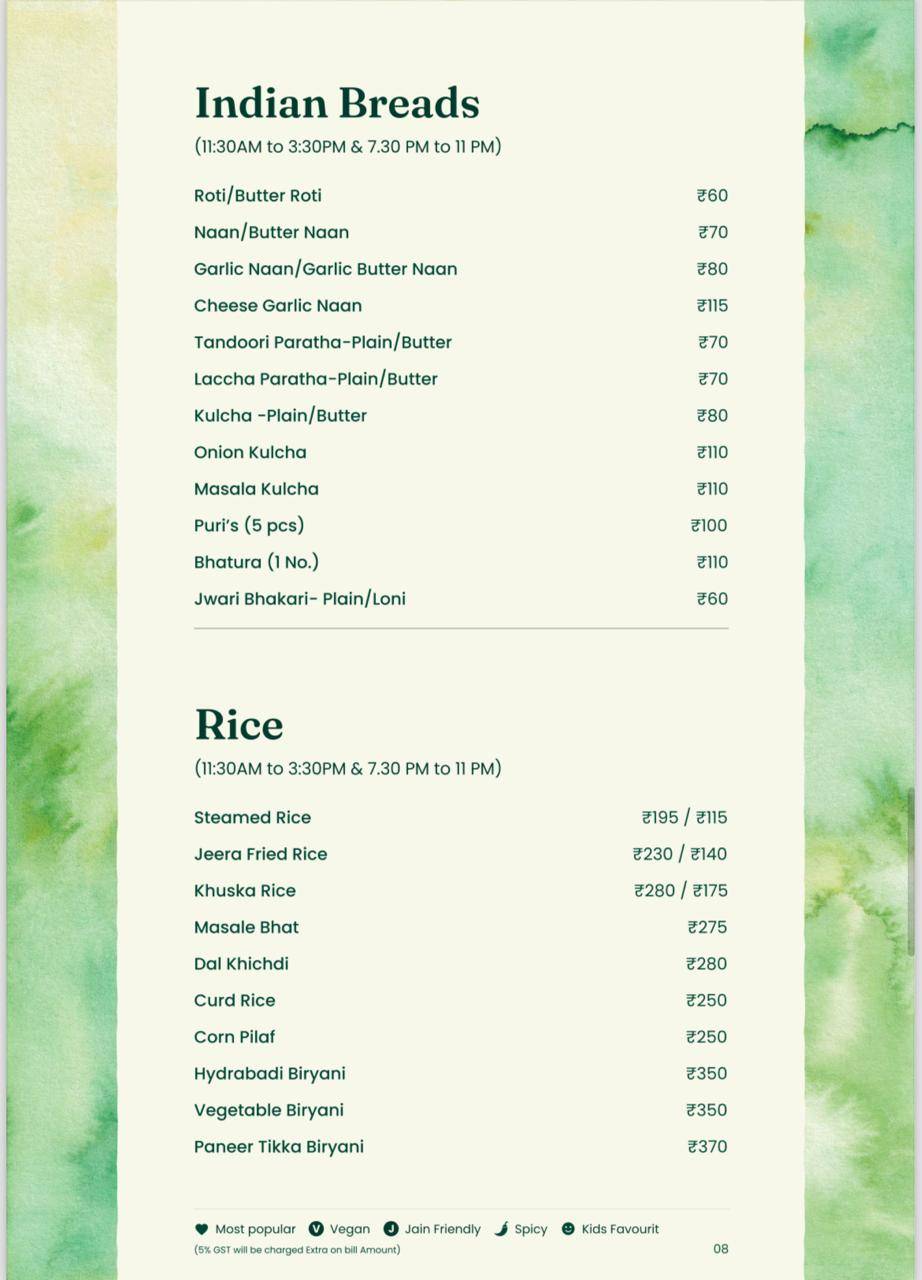Green Signal Veg menu
