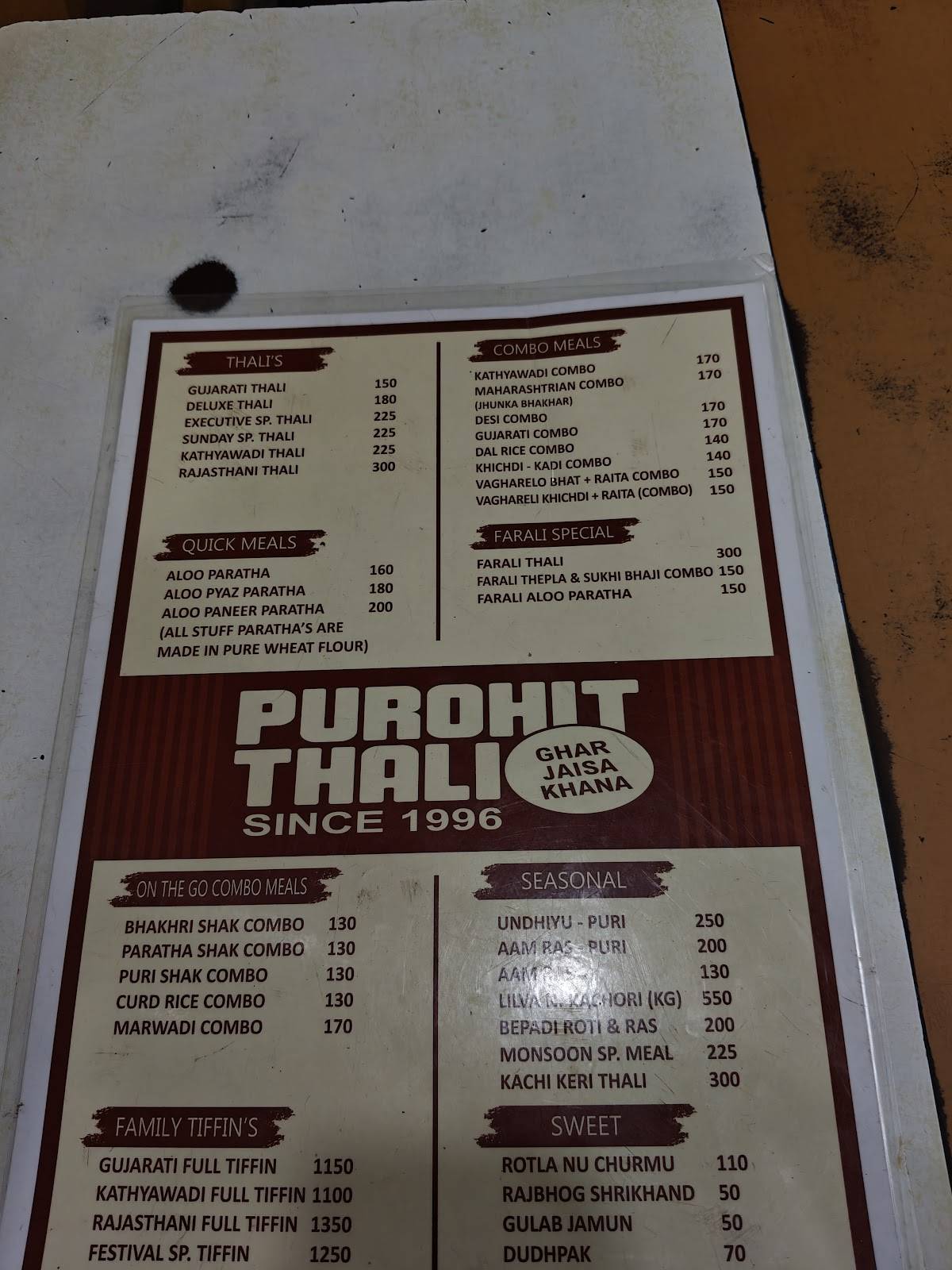 Purohit Thali Ghar Jaisa Khana Since 1996 menu