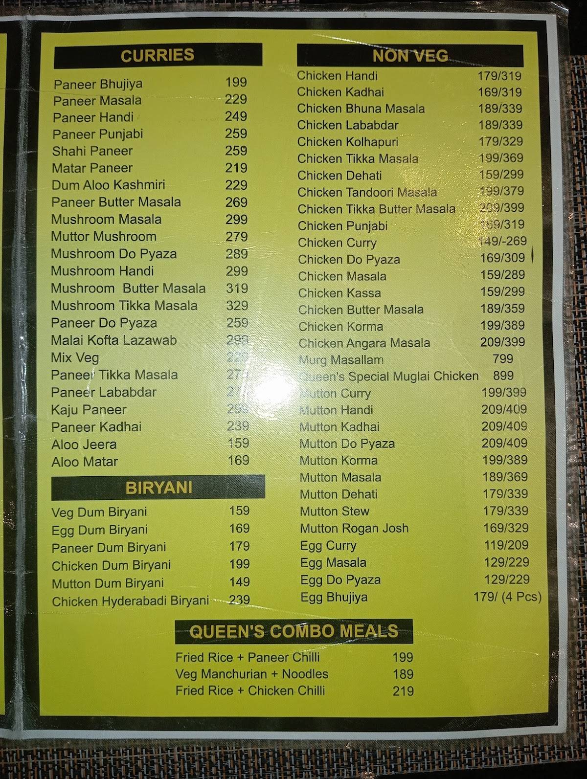Queen’s Club and Restaurant menu