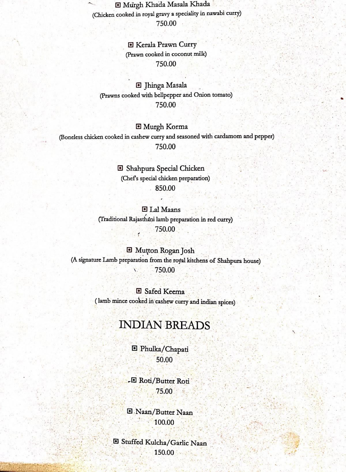 Rasa Restaurant menu